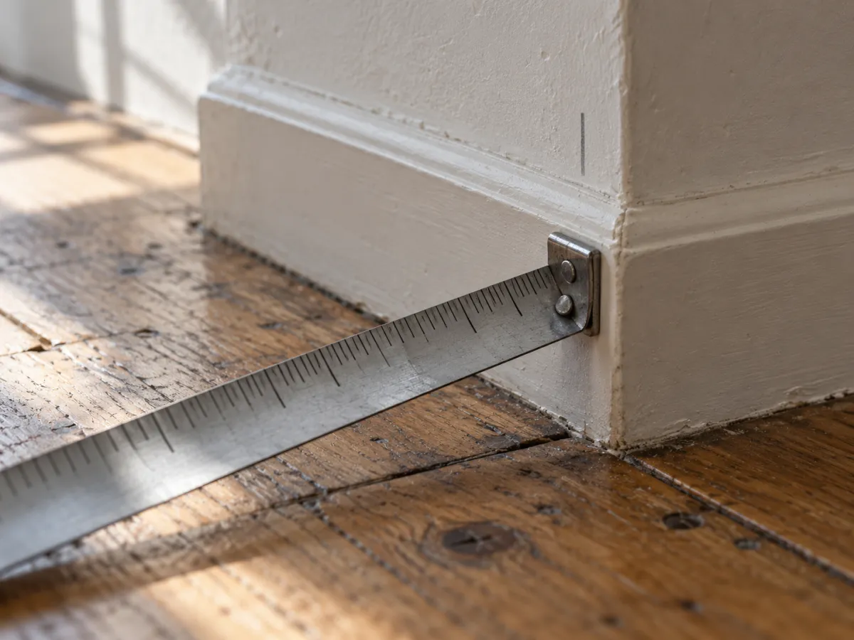 Illustrative close-up of a tape measure hook at a skirting board and a pencil mark