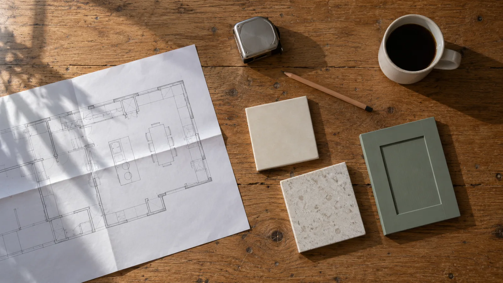 Illustrative overhead still of a measuring tape, pencil, floor plan and material samples on a kitchen table